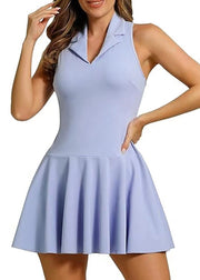 Women Sky Blue Notched Collar Backless Mini Dress One Piece Workout Suit