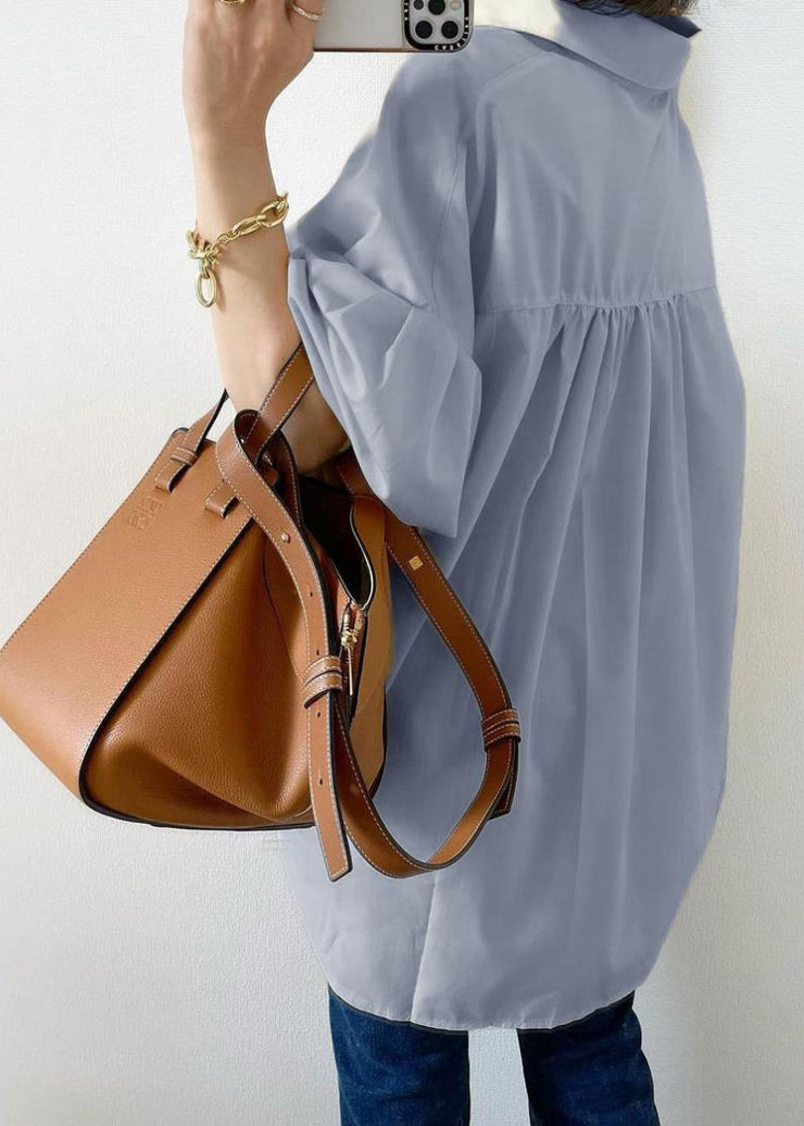 Women Sky Blue Oversized Cotton Shirt Top Lantern Sleeve