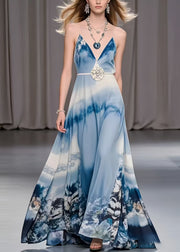Women Sky Blue Print Exra Large Hem Chiffon Holiday Dress Summer