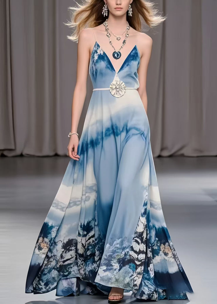 Women Sky Blue Print Exra Large Hem Chiffon Holiday Dress Summer