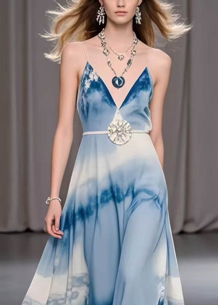 Women Sky Blue Print Exra Large Hem Chiffon Holiday Dress Summer