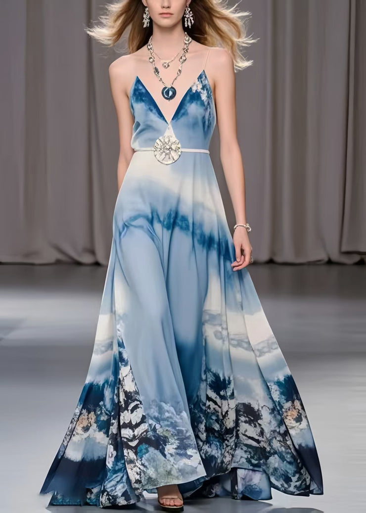 Women Sky Blue Print Exra Large Hem Chiffon Holiday Dress Summer