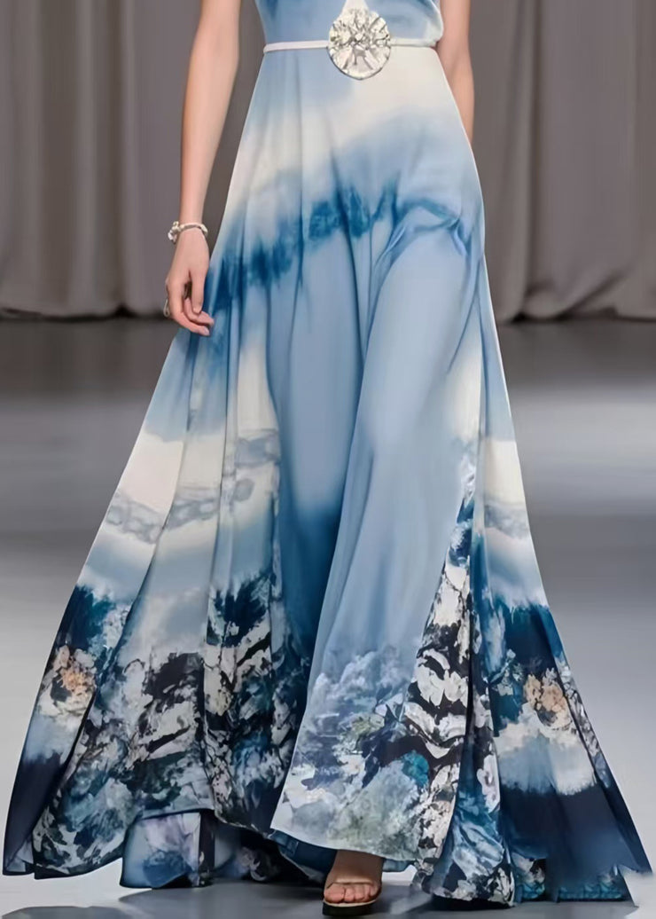 Women Sky Blue Print Exra Large Hem Chiffon Holiday Dress Summer