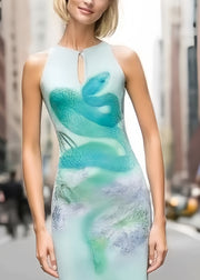 Women Sky Blue Winged Snake Print Silk Wraped Dress Summer