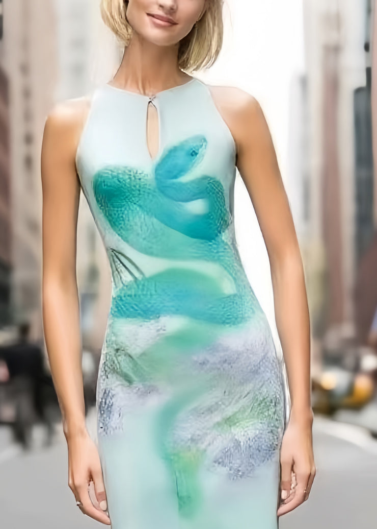 Women Sky Blue Winged Snake Print Silk Wraped Dress Summer