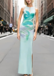 Women Sky Blue Winged Snake Print Silk Wraped Dress Summer
