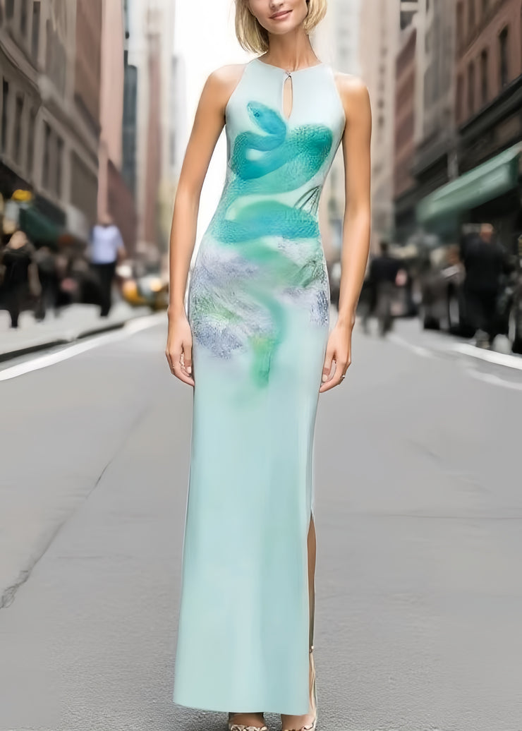 Women Sky Blue Winged Snake Print Silk Wraped Dress Summer