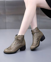 Women Splicing Chunky Boots White Faux Leather Hollow Out