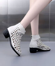 Women Splicing Chunky Boots White Faux Leather Hollow Out