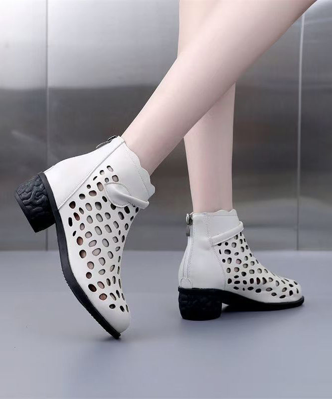 Women Splicing Chunky Boots White Faux Leather Hollow Out