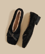 Women Splicing Khaki Fuzzy Wool Lined Chunky Shoes