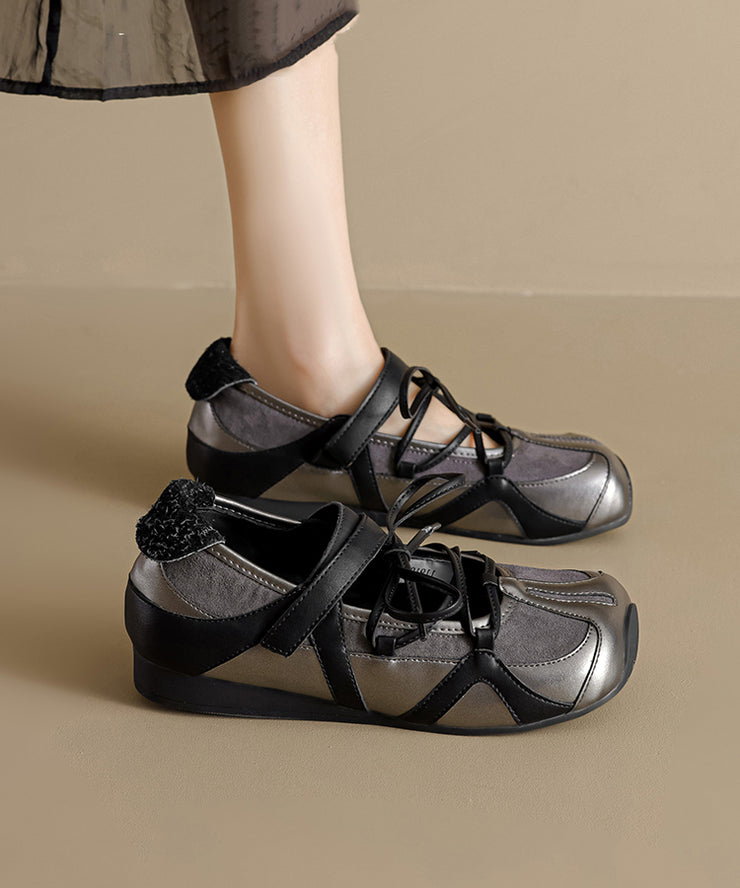 Women Splicing Platform Flat Shoes Black Cowhide Leather Lace Up
