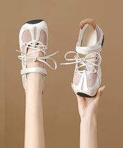 Women Splicing Platform Flat Shoes Black Cowhide Leather Lace Up