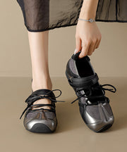 Women Splicing Platform Flat Shoes Black Cowhide Leather Lace Up
