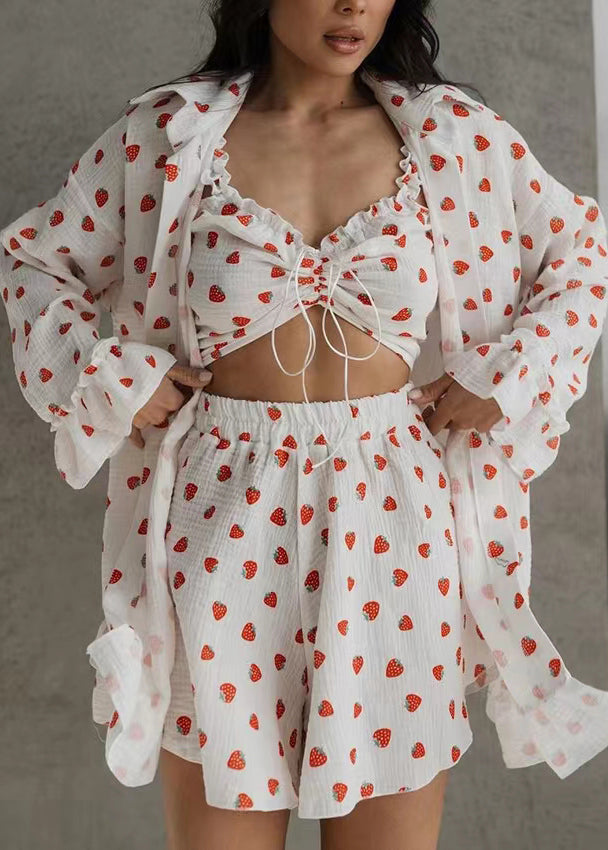 Women Strawberry Print Cotton Women Pajama Sets 3 Pieces Summer