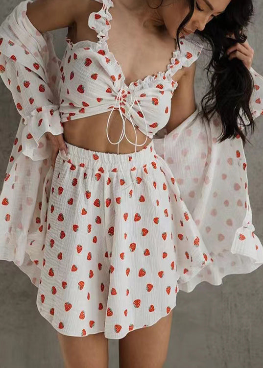 Women Strawberry Print Cotton Women Pajama Sets 3 Pieces Summer