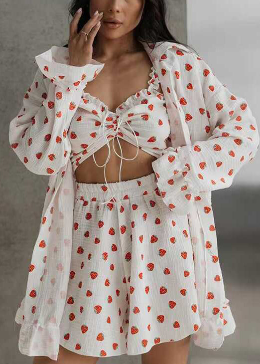 Women Strawberry Print Cotton Women Pajama Sets 3 Pieces Summer
