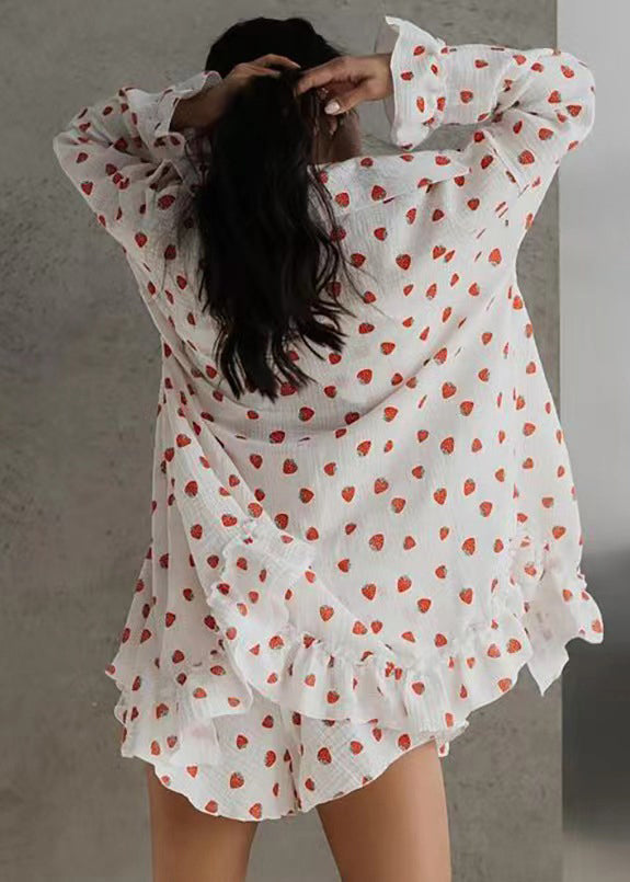 Women Strawberry Print Cotton Women Pajama Sets 3 Pieces Summer