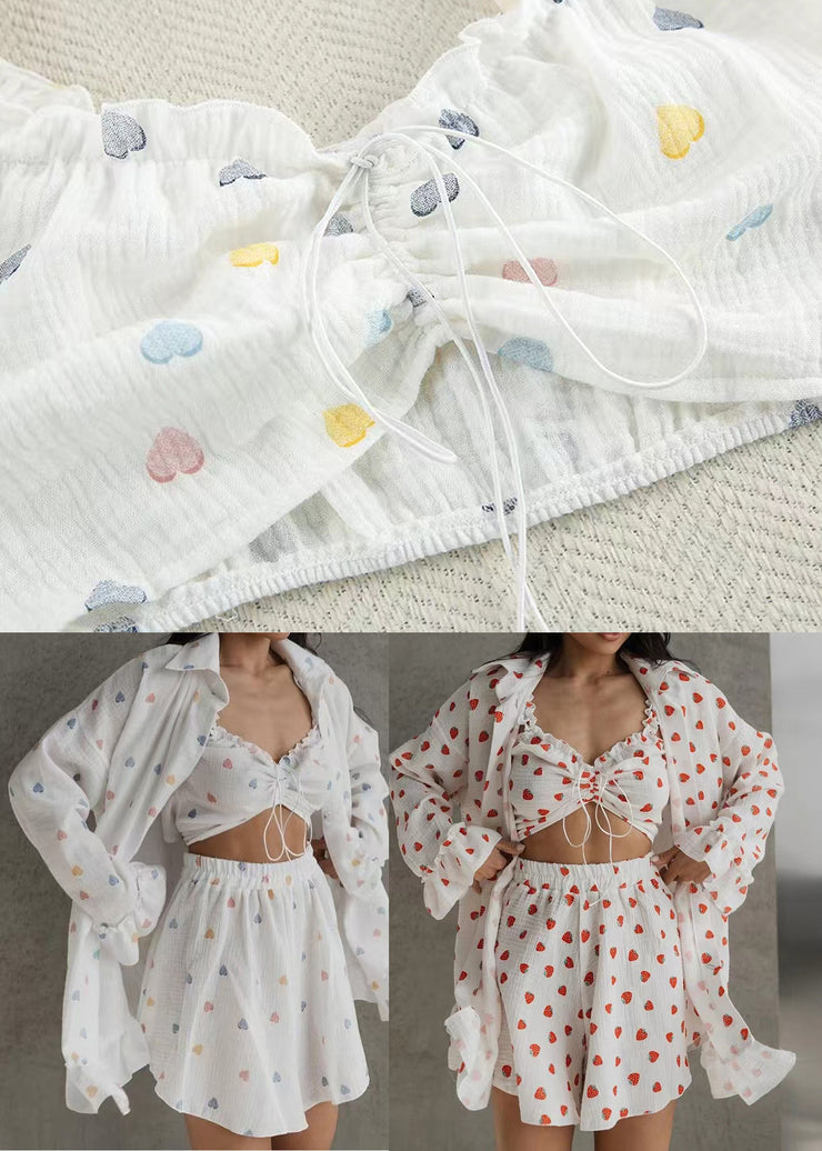 Women Strawberry Print Cotton Women Pajama Sets 3 Pieces Summer