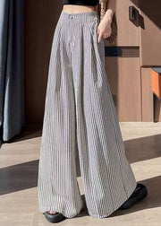 Women Striped Wrinkled High Waist Cotton Wide Leg Pants Fall