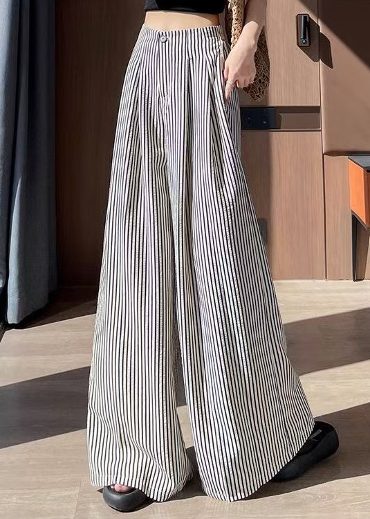 Women Striped Wrinkled High Waist Cotton Wide Leg Pants Fall