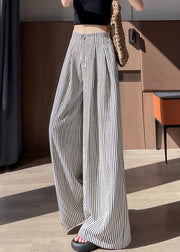 Women Striped Wrinkled High Waist Cotton Wide Leg Pants Fall