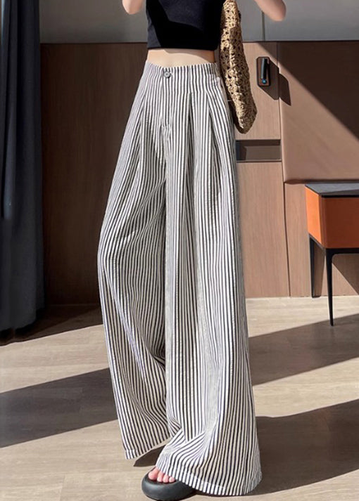 Women Striped Wrinkled High Waist Cotton Wide Leg Pants Fall