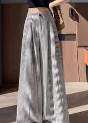Women Striped Wrinkled High Waist Cotton Wide Leg Pants Fall