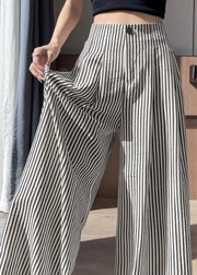 Women Striped Wrinkled High Waist Cotton Wide Leg Pants Fall