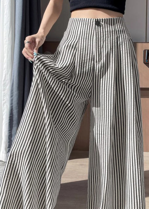 Women Striped Wrinkled High Waist Cotton Wide Leg Pants Fall