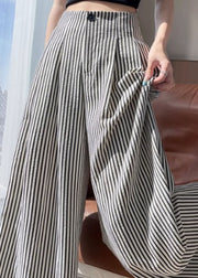 Women Striped Wrinkled High Waist Cotton Wide Leg Pants Fall