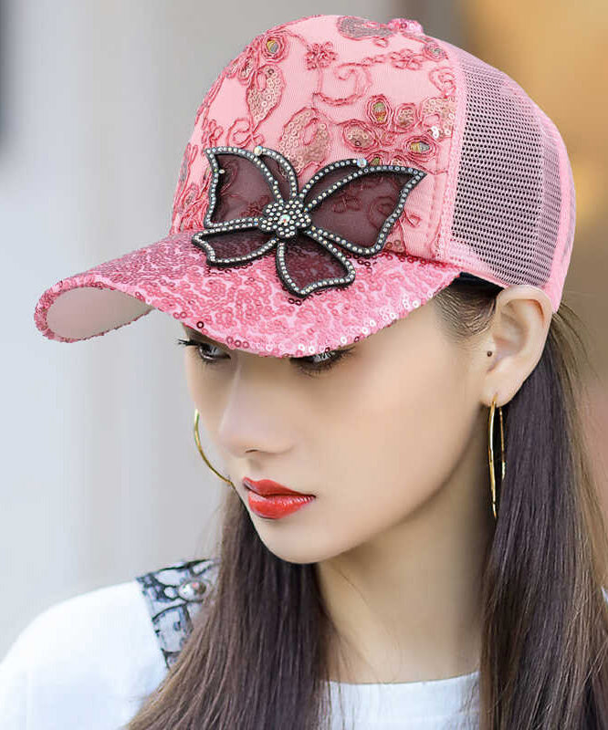 Women Summer Fashion Pink Mesh Zircon Butterfly Baseball Hat