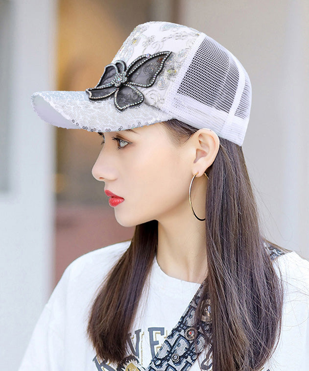 Women Summer Fashion Pink Mesh Zircon Butterfly Baseball Hat