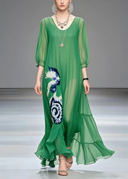 Women Tea Green Oversized Print Chiffon Beach Dress Summer