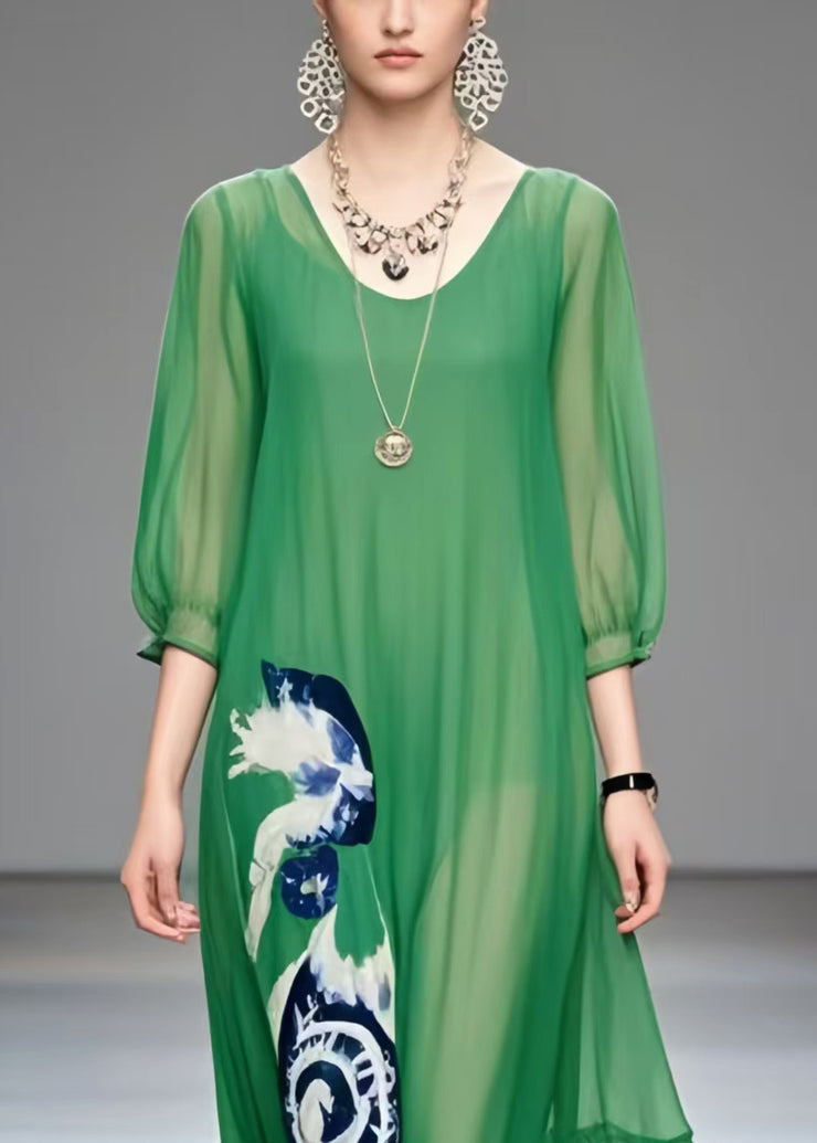 Women Tea Green Oversized Print Chiffon Beach Dress Summer