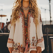 Women V Neck Asymmetrical Design Print Cotton Mid Dresses Long Sleeve