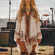 Women V Neck Asymmetrical Design Print Cotton Mid Dresses Long Sleeve