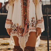 Women V Neck Asymmetrical Design Print Cotton Mid Dresses Long Sleeve