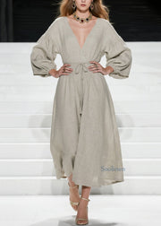 Women V Neck Lace Up Patchwork Cotton Long Dress Fall