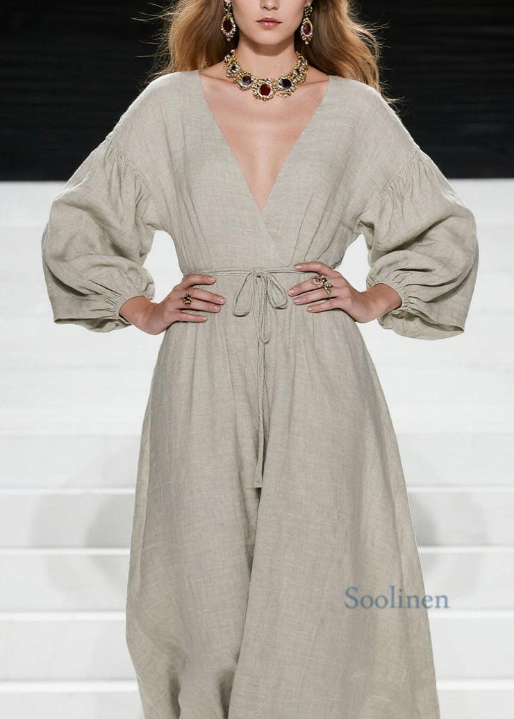 Women V Neck Lace Up Patchwork Cotton Long Dress Fall