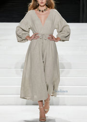 Women V Neck Lace Up Patchwork Cotton Long Dress Fall