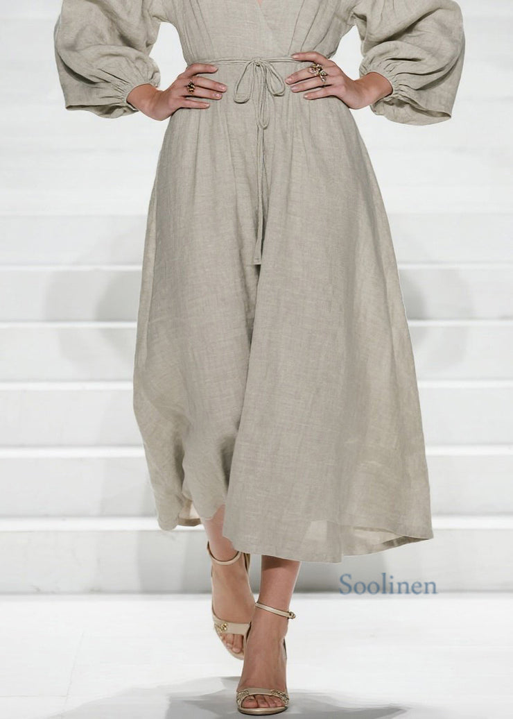 Women V Neck Lace Up Patchwork Cotton Long Dress Fall