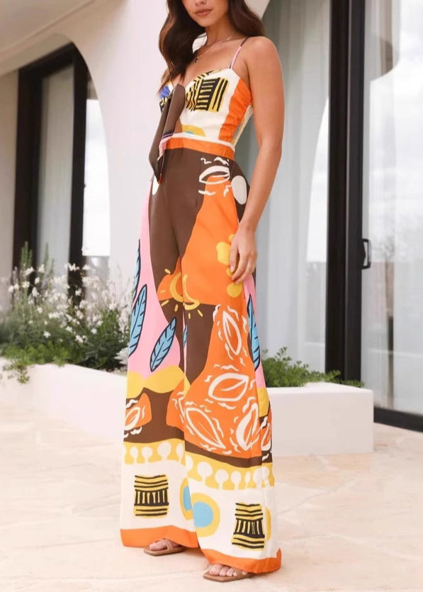Women V Neck Print Jumpsuit Summer