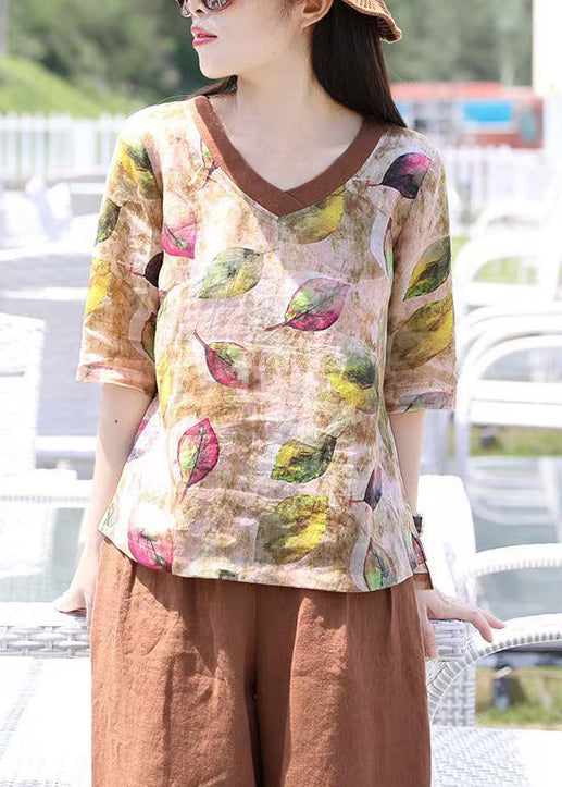 Women V Neck Print Loose Cotton Blouse Top Summer