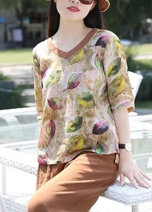 Women V Neck Print Loose Cotton Blouse Top Summer