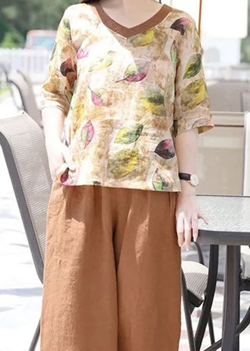 Women V Neck Print Loose Cotton Blouse Top Summer