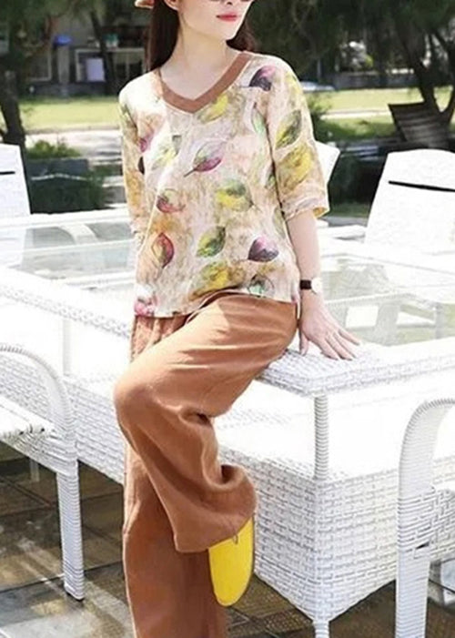 Women V Neck Print Loose Cotton Blouse Top Summer