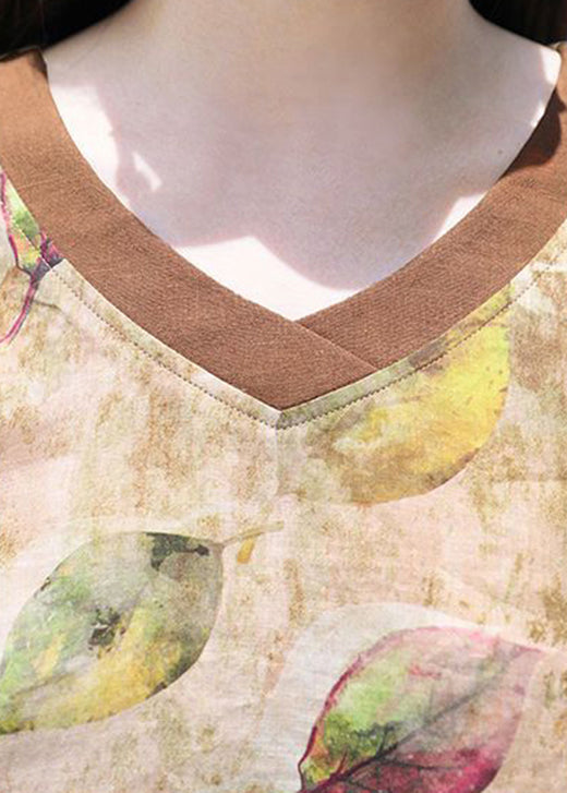Women V Neck Print Loose Cotton Blouse Top Summer