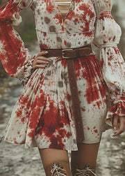 Women V Neck Tie Dye Pastoral Style Mid Dress Flare Sleeve