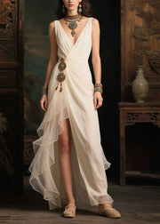 Women White Asymmetrical Side Open Tulle Vacation Dresses Summer
